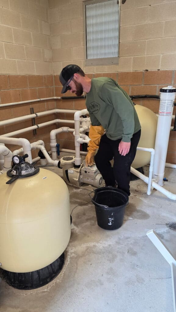 Pool technician inspecting pump and filtration system in Temple TX